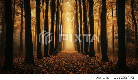 A mystical forest with tall trees, bathed in golden light filtering through the foggy atmosphere. 118152472
