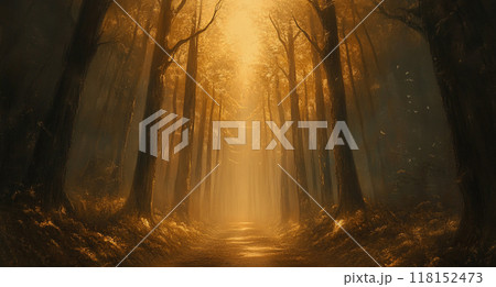 A mystical forest with tall trees, bathed in golden light filtering through the foggy atmosphere. 118152473