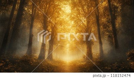 A mystical forest with tall trees, bathed in golden light filtering through the foggy atmosphere. A mystical forest with tall trees, bathed in golden light filtering through the foggy atmosphere. 118152474