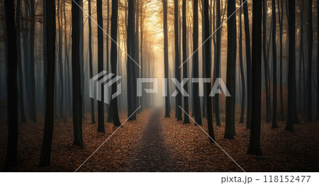 A mystical forest with tall trees, bathed in golden light filtering through the foggy atmosphere. 118152477