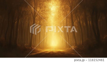 A mystical forest with tall trees, bathed in golden light filtering through the foggy atmosphere. 118152481