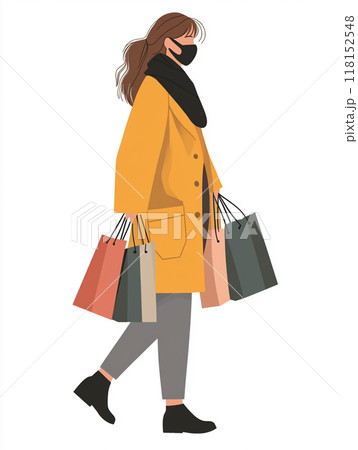 A woman wearing a medical mask, walking and shopping with several bags in her hands. 118152548
