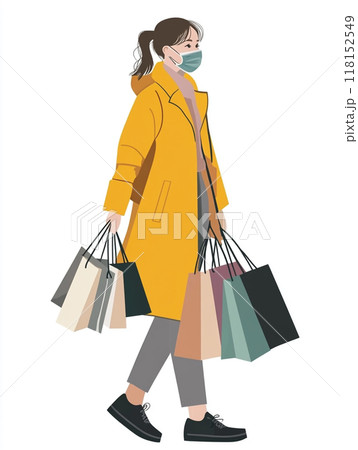 A woman wearing a medical mask, walking and shopping with several bags in her hands. 118152549