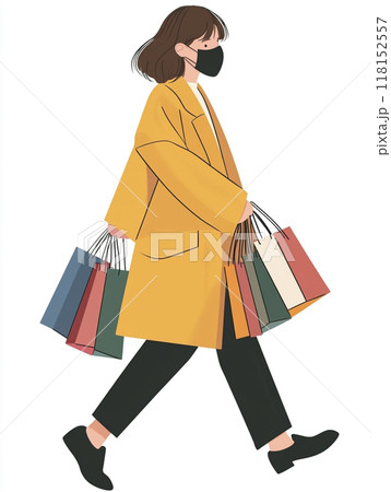 A woman wearing a medical mask, walking and shopping with several bags in her hands. 118152557