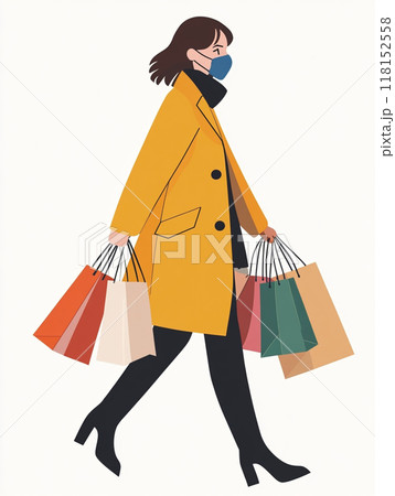 A woman wearing a medical mask, walking and shopping with several bags in her hands. 118152558