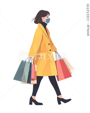 A woman wearing a medical mask, walking and shopping with several bags in her hands. A woman wearing a medical mask, walking and shopping with several bags in her hands. 118152559