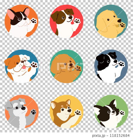手を振るシンプルで可愛い犬の丸いアイコンイラストセット 手を振るシンプルで可愛い犬の丸いアイコンイラストセット 118152684