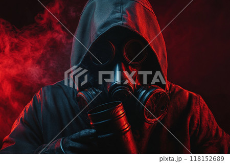 A person wearing a gas mask with a red light, in a horror-style setting with a dark background. 118152689