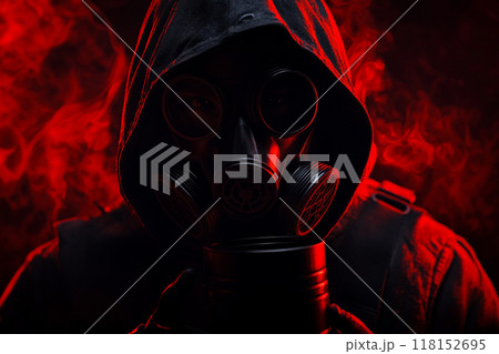 A person wearing a gas mask with a red light, in a horror-style setting with a dark background. 118152695