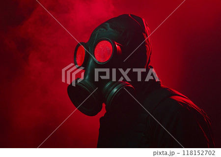 A person wearing a gas mask with a red light, in a horror-style setting with a dark background. 118152702