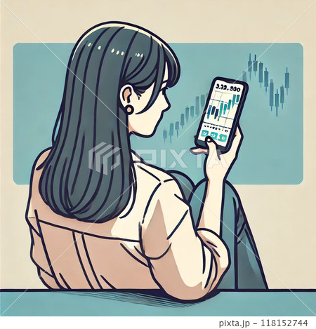 <イラスト>投資イメージ　スマホで投資をする若者 118152744