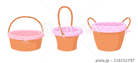 Baskets with fabric lining. Picnic braided wicker handle hampers, wooden picnic baskets flat vector illustration set. Cute cartoon baskets on white 118152797