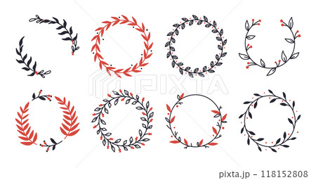 Christmas fir branches decor. Xmas floral wreaths, winter holidays hand drawn decorative elements flat vector illustration set. Christmas decor collection 118152808