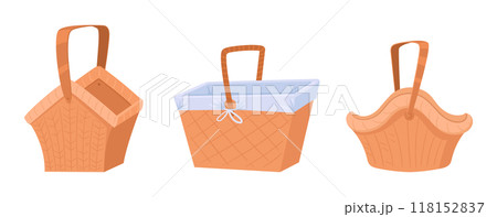 Picnic hampers. Wicker braided handle baskets flat vector illustration set. Cartoon food storage baskets on white 118152837