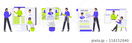 Recruitment process. Job candidates, hiring HR managers and job seekers characters flat vector illustration set. Candidates searching job 118152840