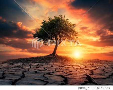 A lone tree stands in the middle of cracked earth, with an ominous sky and sunset behind it. The ground is dry and lifeless, symbolizing desolation due to environmental degradation or global warming.  118152885
