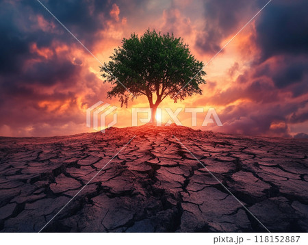 A lone tree stands in the middle of cracked earth, with an ominous sky and sunset behind it. The ground is dry and lifeless, symbolizing desolation due to environmental degradation or global warming.  118152887