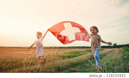 Swiss Little Kids Patriot Children Runs With National Flag On Nature Background 118152952