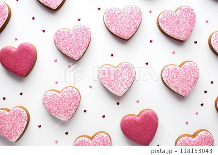 Valentine s Day pattern with heart shaped cookies with pink and white icing 118153043