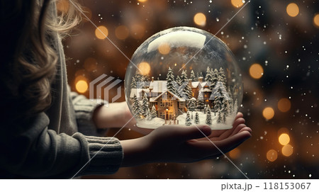Magical Christmas scene young girl holding winter snow globe, sparkling lights Magical Christmas scene young girl holding winter snow globe, sparkling lights 118153067