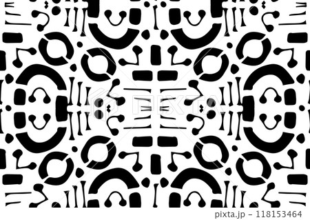 Fantastic hieroglyphics black white seamless pattern on white background. Vector alien or Mexican repeat swatch backdrop, fabric print 118153464