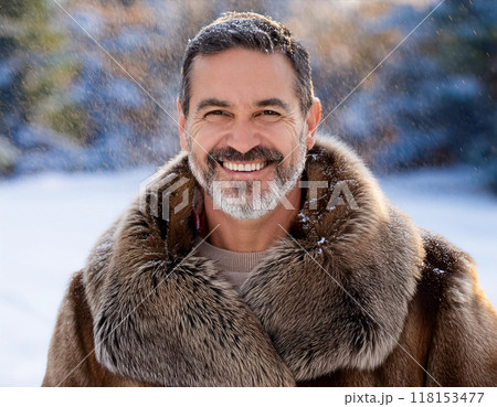 Winter Portrait of Happy Handsome Man Smiling Outdoors Winter Portrait of Happy Handsome Man Smiling Outdoors 118153477