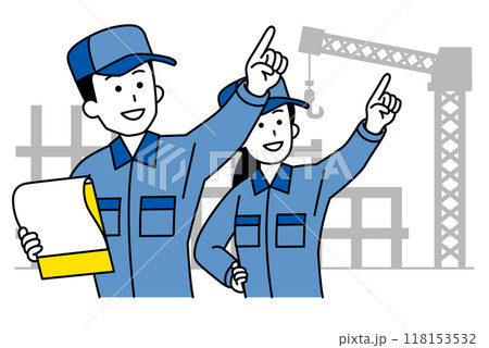 建設現場で資料を見ながら指示をするつなぎ作業服の男女 118153532
