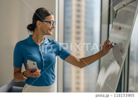 A skilled professional woman is showcasing her innovative ideas in a modern office 118153905