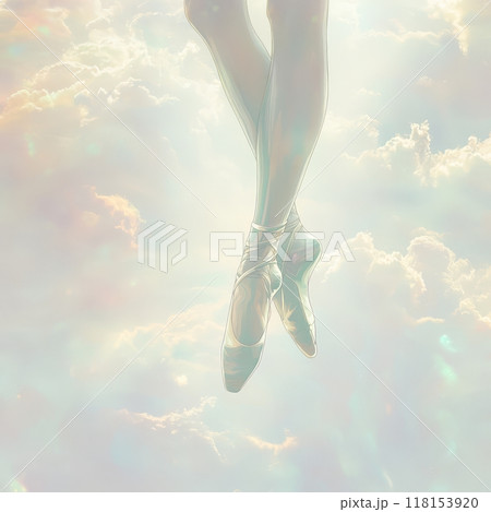 A ballet dancer's legs elegantly extend into the soft, cloudy sky A ballet dancer's legs elegantly extend into the soft, cloudy sky 118153920