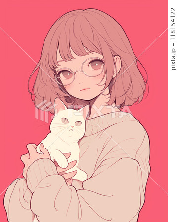 猫を抱く、眼鏡をかけた女性　/AI生成 118154122