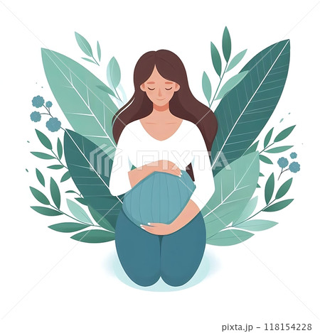 Young pregnant woman, flat style, illustration, white background, isolated, pastel colors, leaves on background  118154228