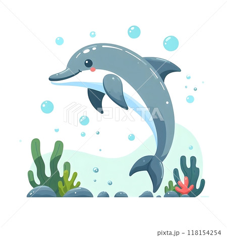 Cute happy dolphin cartoon flat style illustration., character, white background animal 118154254