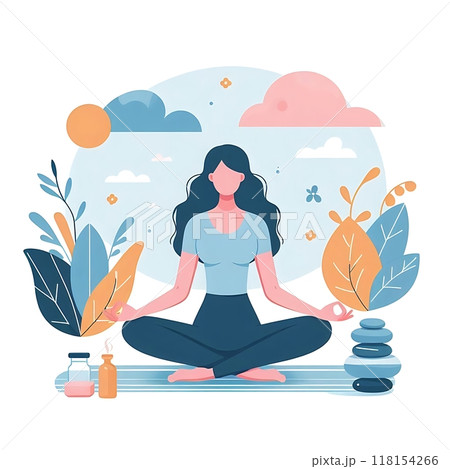 Young woman meditate flat style illustration, leaves on background, white background, isolated, pastel colors 118154266