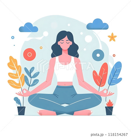 Young woman meditate flat style illustration, leaves on background, white background, isolated, pastel colors 118154267
