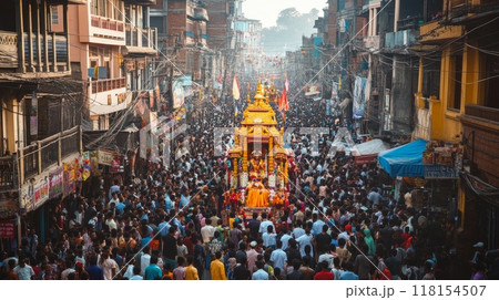 Colorful Hindu festival procession with ornate golden chariot moving through a densely packed street, surrounded by devotees and onlookers Colorful Hindu festival procession with ornate golden chariot moving through a densely packed street, surrounded by devotees and onlookers 118154507