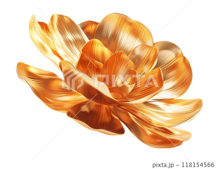 Elegant golden flower floating in the air, isolated on white background. Cut out design element for beauty, festive themes. Blossom. Glossy yellow surface. Generative AI. 118154566