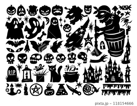Halloween icons. Pumpkin, ghost and scull silhouette elements with spooky witch, creepy bat and mystery tree, web spider. Scary tombstone and potion. Decorative sticker. Vector illustration 118154666