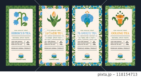 Tea label. Leaves pattern. Green herbal drink. Natural beverage logo. Organic hibiscus. Oolong and flower flavors. Floral background. Herb box. Vector package sticker templates set 118154713
