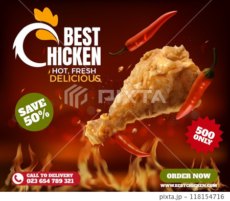 Spicy chicken. Hot fast food ad poster. Fire crispy nuggets with chili. 3D commercial advertising. Delicious meet. Delivery discount. Sale promotion. Takeaway product. Vector background Spicy chicken. Hot fast food ad poster. Fire crispy nuggets with chili. 3D commercial advertising. Delicious meet. Delivery discount. Sale promotion. Takeaway product. Vector background 118154716