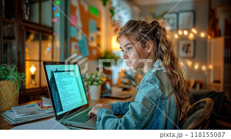 A young woman working on her laptop in a cozy, decorated home office A young woman working on her laptop in a cozy, decorated home office 118155087