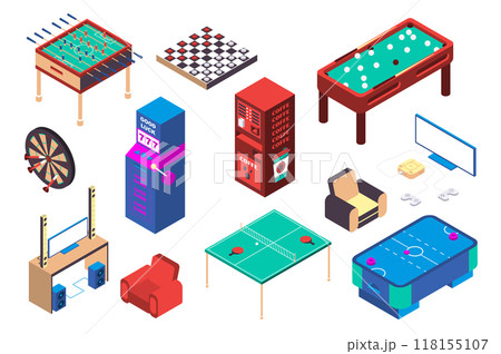 Recreation room 3d isometric mega set in isometry graphic design. Collection elements of table football, checkers, billiards, slot machine, darts, tennis, game console, other. Vector illustration. 118155107