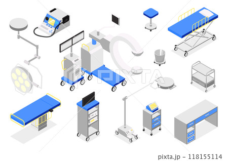 Operating room 3d isometric mega set in isometry graphic design. Collection elements of couch, lamp, monitoring system, tables, stretcher, x-ray, surgery equipment, other tools. Vector illustration. 118155114