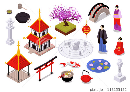 Japan culture 3d isometric mega set in isometry graphic design. Collection elements of pagoda temple, sakura blossom, samurai, geisha, kimono, water lily lake, tea, carp, other. Vector illustration. 118155122