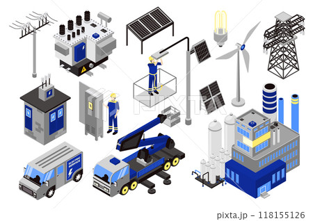 Electricity 3d isometric mega set in isometry graphic design. Collection elements of power line, transformer station, solar panels, wind turbine, electricians, fitters, other. Vector illustration. 118155126