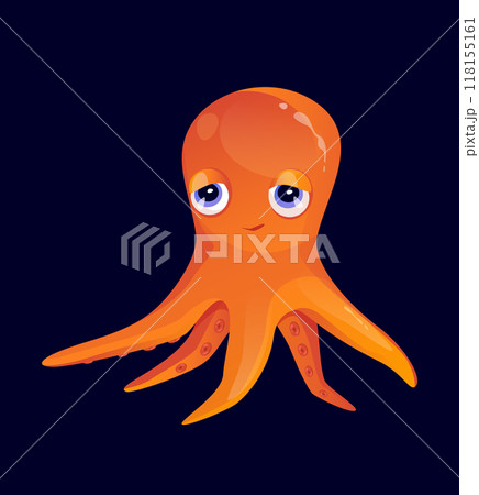 Cute flat vector illustration of an orange octopus with big eyes and a small smile floating on a dark blue background perfect for ocean marine life themed posters and decorations 118155161