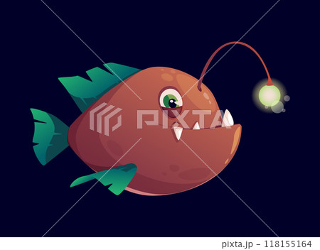 Flat vector illustration of a deep sea angler fish character design with a glowing lure and sharp teeth. The fish has big eyes and green fins against a dark blue background Flat vector illustration of a deep sea angler fish character design with a glowing lure and sharp teeth. The fish has big eyes and green fins against a dark blue background 118155164