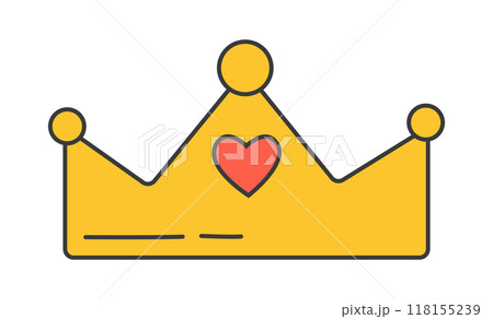 Golden crown with heart icon. This piece is a flat vector illustration, representing a stylized yellow crown with a red heart in the center. 118155239
