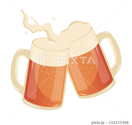 This image showcases two frothy beer glasses clinking together spilling out a bit of liquid in celebration flat vector illustration This image showcases two frothy beer glasses clinking together spilling out a bit of liquid in celebration flat vector illustration 118155366