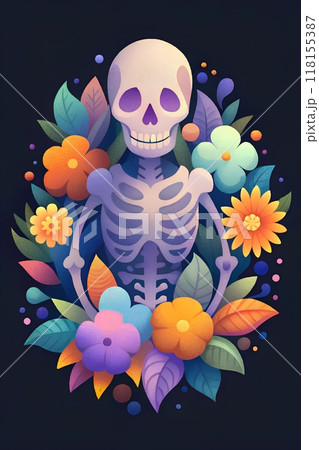 A colorful skeleton surrounded by vibrant flowers against a dark background in a whimsical art style 118155387