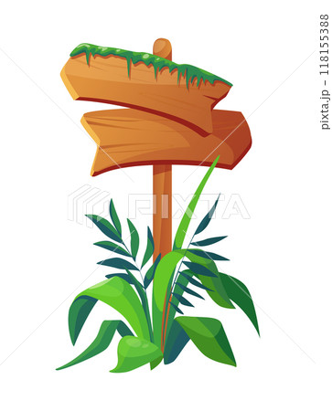 A flat vector illustration featuring a wooden signpost adorned with lush tropical plants The signpost is covered with green leaves at the top 118155388